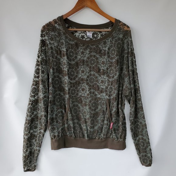 Hard Tail Sheer Lace Raglan Pullover, Army Green Top, USA, Floral $145 - Picture 2 of 11